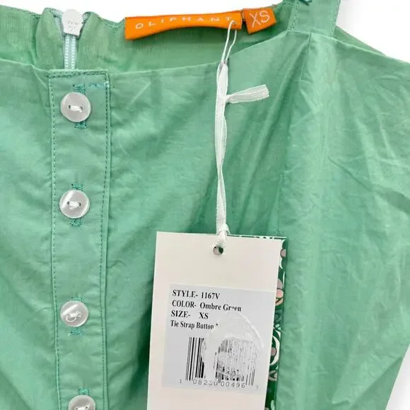 Oliphant NEW‎ Tie Strap Button Cotton Poplin Midi Dress in Ombre Green - Size XS
